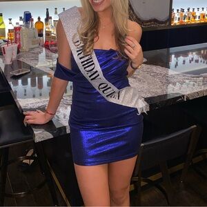 blue sparkly superdown strapless dress